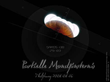 Pfad des Mondes durch den Schatten der Erde während der partiellen Mondfinsternis vom 16. August 2008 - alle Zeitangaben in MESZ